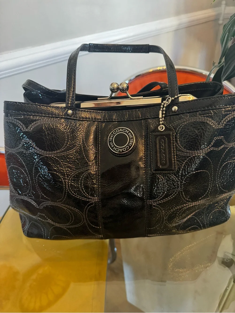 Coach Black Patent Leather Signature Tote with Kiss-Lock Frame
